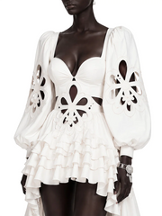 White Cut Out Floral Desgin Lantern Sleeve Frill Midi Dress