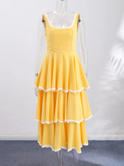 Tiered Contrast Seam Ruffle Trim Sleeveless Maxi Dress