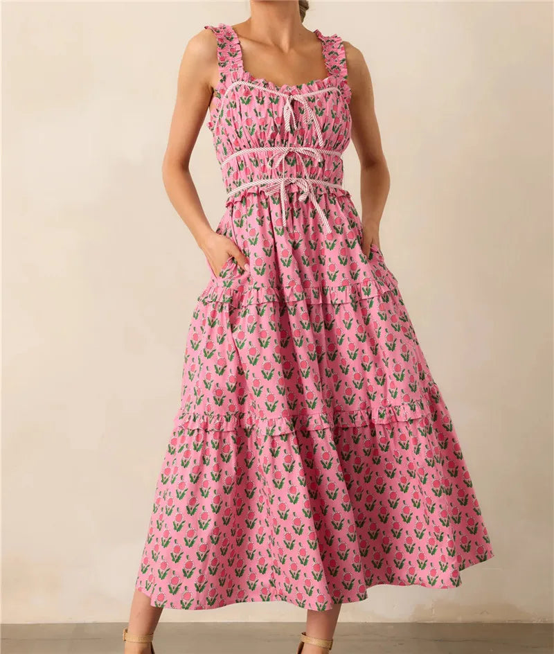 Pink dress with a pattern on a neutral background