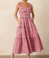 Pink dress with a pattern on a neutral background