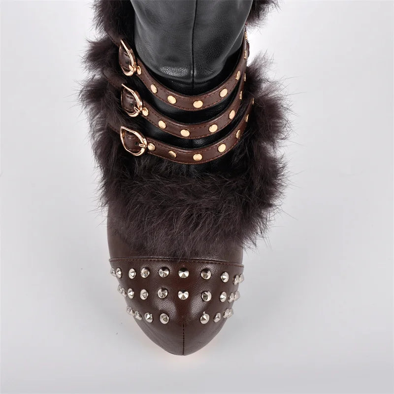 Close-up of studded toe and buckle straps on platform boots