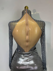 Sequin Sheer Long Sleeve Turtleneck Metallic Draped Mini Dress