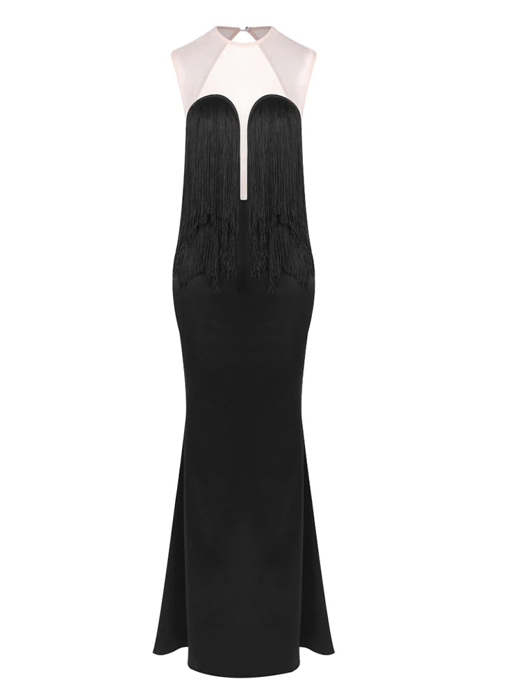 Black evening gown with white neckline on a white background