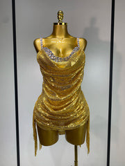 Gold Sequin Cowl Neck Drawstring Bodysuit