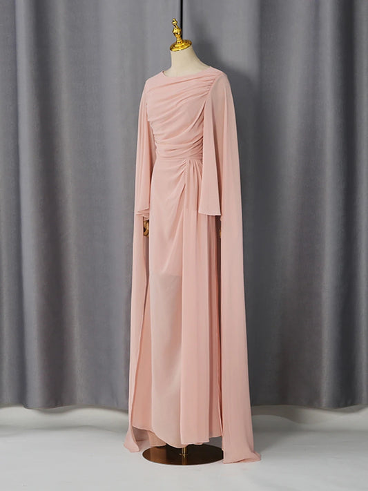 Draped chiffon cape sleeve maxi dress mannequin front view