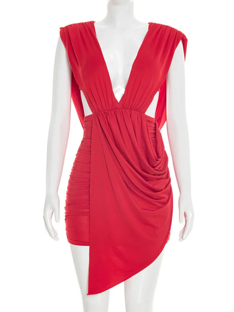 Red dress on a mannequin against a white background