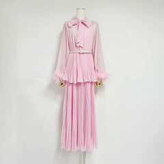 Round Collar Bow Neck Long Sleeve Pleated Maxi Dress