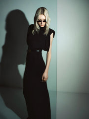 Black turtleneck padded shoulder maxi dress with shadow