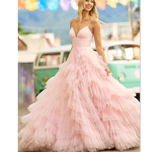 Pink Tulle Fringe Layered Maxi Dress - Golden Atelier