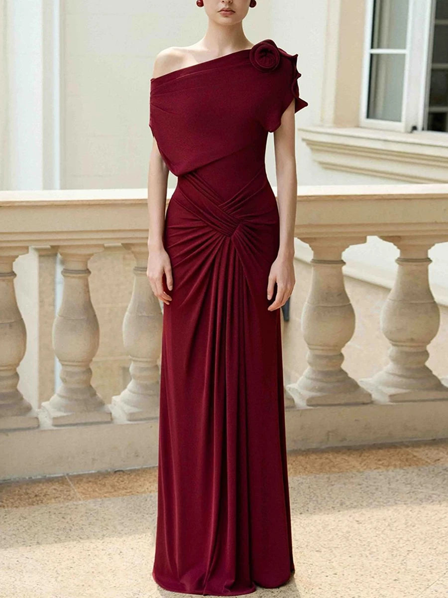 One shoulder drape maxi dress in crimson