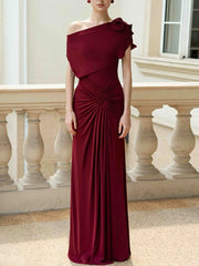 One shoulder drape maxi dress in crimson