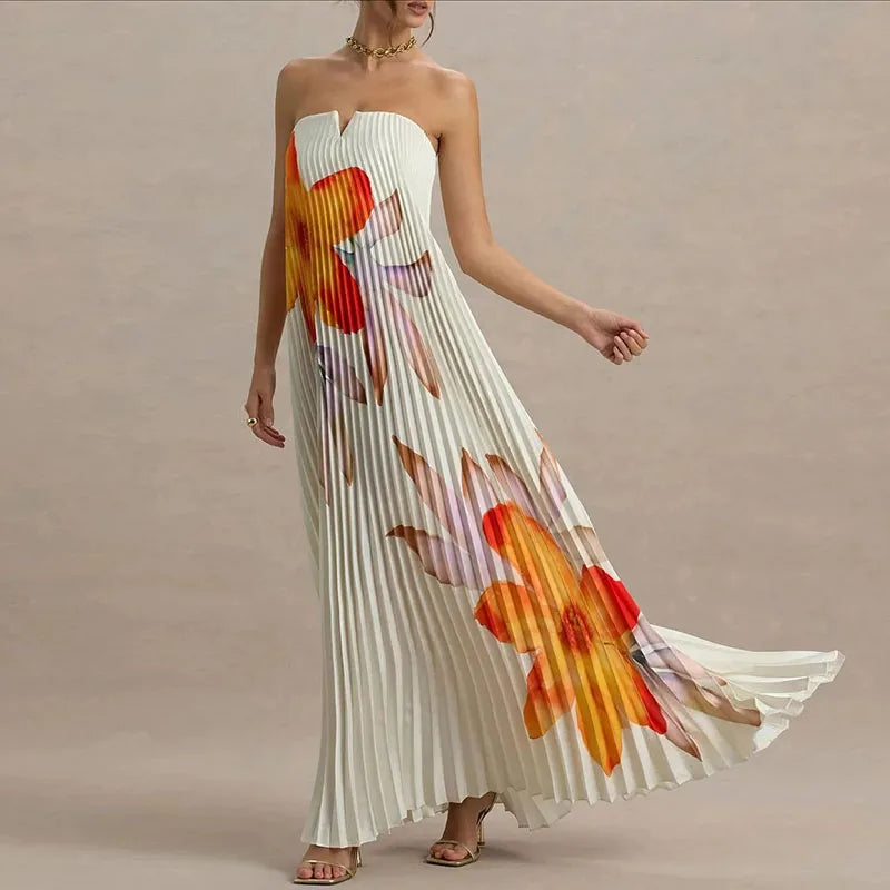 Woman wearing a strapless dress with floral pattern on a beige background