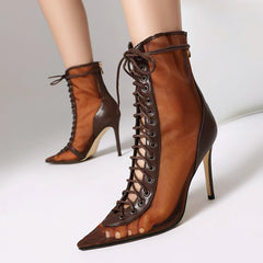 Knee High Pointed Toe Mesh Lace-up Boots