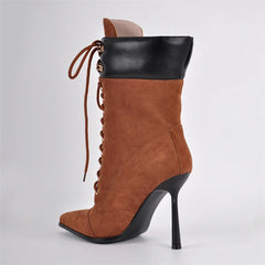 Pointed Toe Lace Up Mid Calf Boots