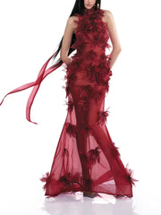 White Halter-Neck Sheer Floral Applique Maxi Gown