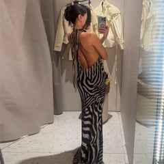 Zebra Print Halter Tie Maxi Dress