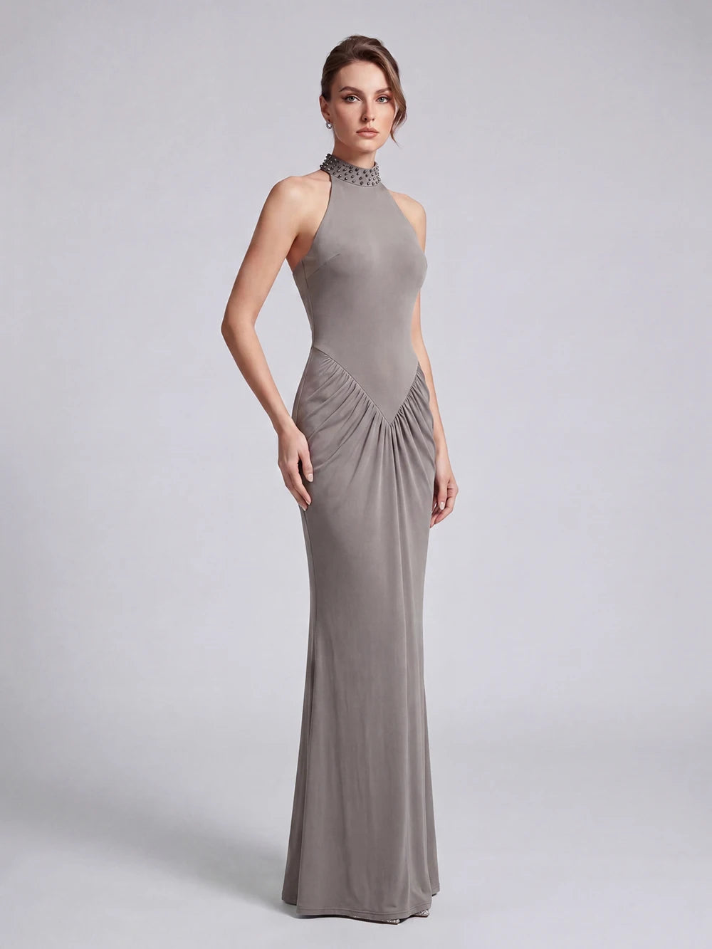 Diamond embellished halter neck ruched floor length gown
