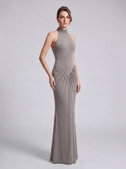 Diamond embellished halter neck ruched floor length gown