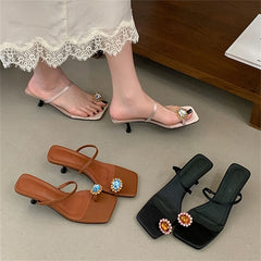Crystal Embellished Square Toe Flip Flops