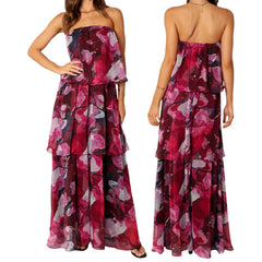 Multicolored strapless dress shown from front and back on a white background