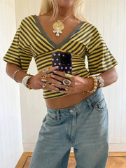 V-Neck Striped Knit Cropped Top with Dolman Sleeves