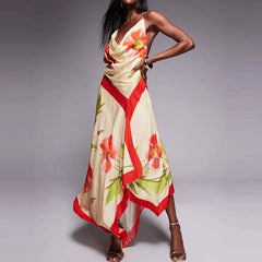 Floral print asymmetric maxi dress on model