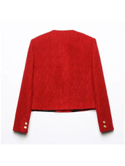 Red Tweed Wrist Sleeve Metal Buttons Short Blazer