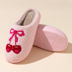 Cherry Bow Plush Slippers