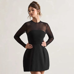 Full-length view of black mesh-sleeve evening dress