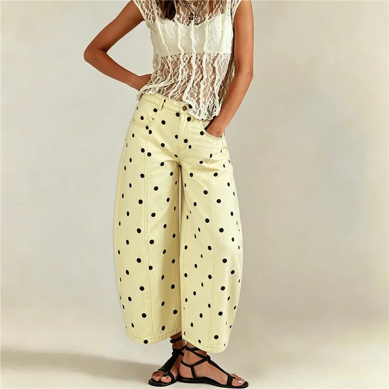 Polka dot wide leg pants in cream with black dots