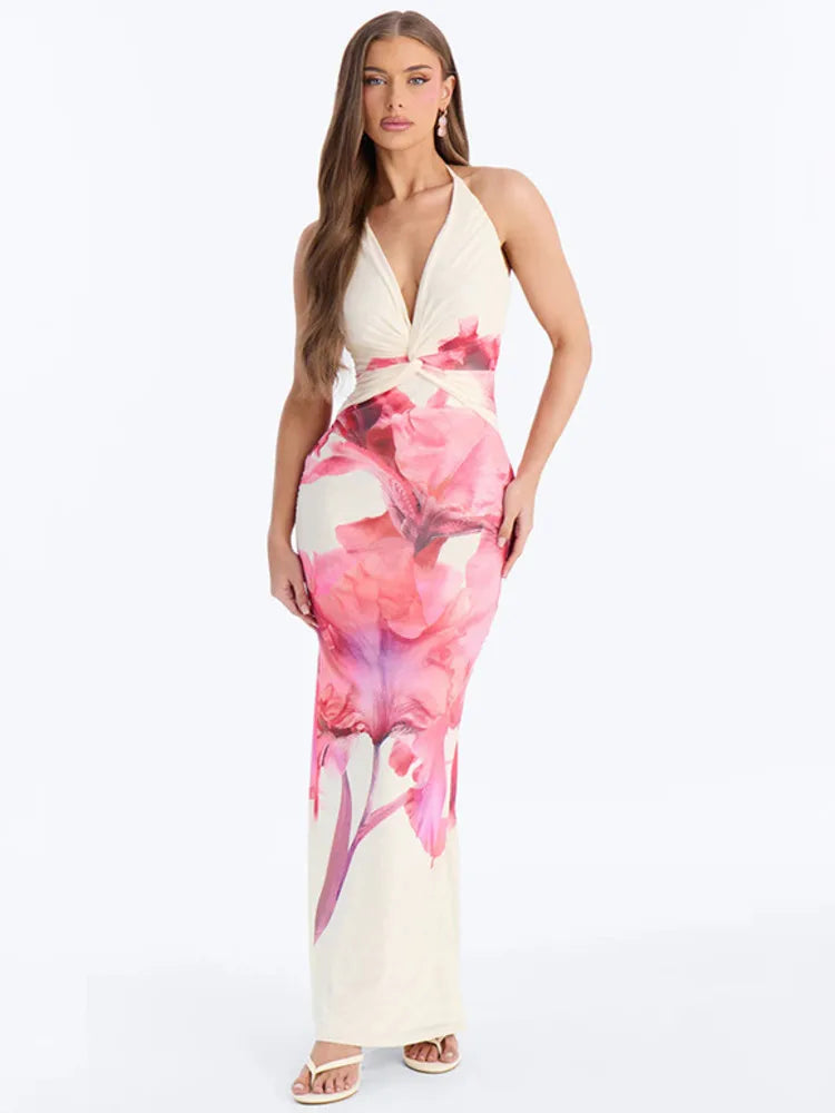 Pink floral print halter neck maxi dress