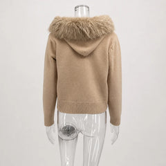 Hooded Faux Fur Trim Knit Jacket