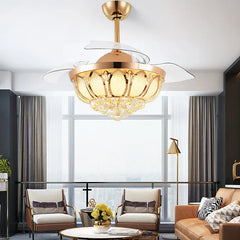  Crystal ceiling fan with light turned on, showcasing its elegant design and illumination. Golden Atelier 4