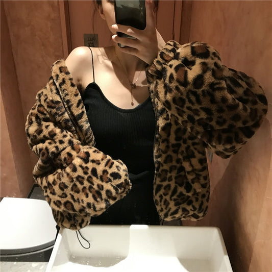 Leopard Print Stand collar Warm Parkas Loose Faux Fur Coats