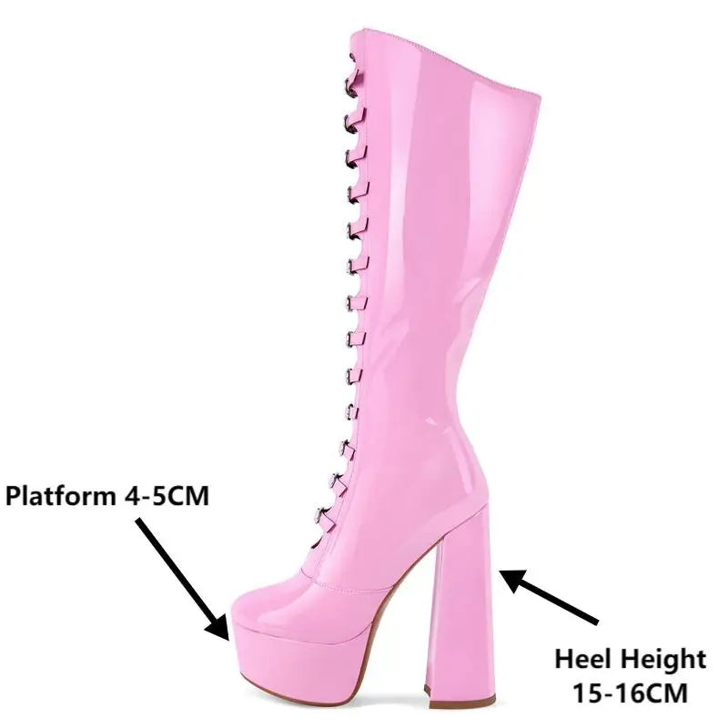Close-up of platform and heel height measurements on pink patent boots