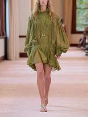 Olive green lantern sleeve mini dress with pleated skirt