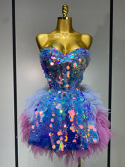 Iridescent blue and pink strapless sequin and feather mini dress