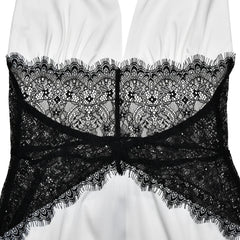 White Satin Lace Trim Waist Halter Mini Dress