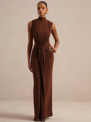 Mock Neck Sleeveless Ruched Detailing Maxi Dress