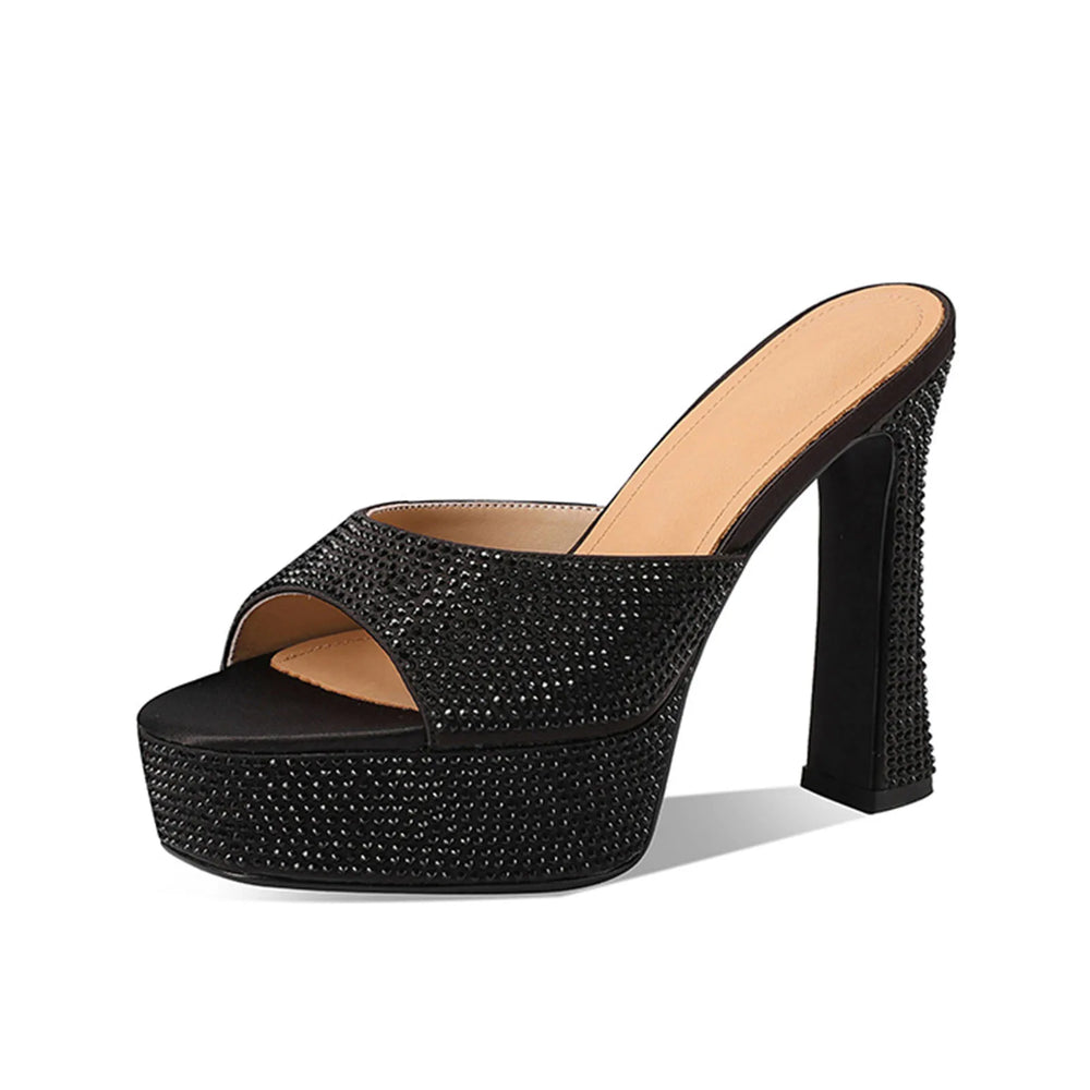 Black rhinestone platform block heel sandal