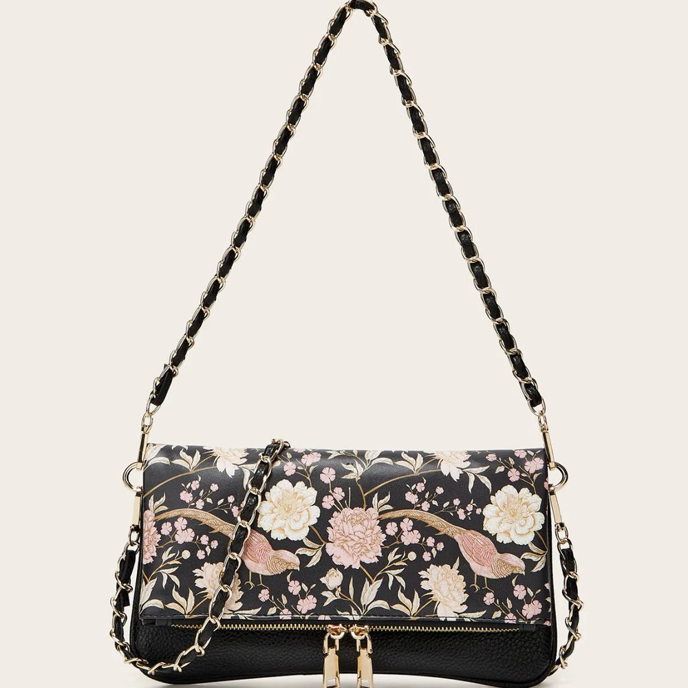 Black floral print chain shoulder bag with gold hardware