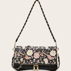 Black floral print chain shoulder bag with gold hardware