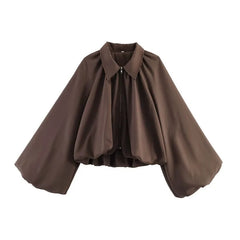 Balloon Sleeve Collared Zip-Front Cropped Jacket
