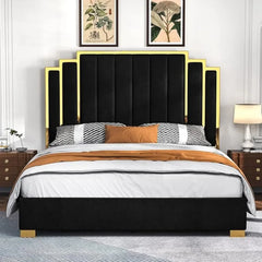 King Size Platform Bed Frame with Gold Trim Headboard