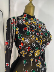 Colourful Rhinestone Turtleneck Bodycon Mini Dress