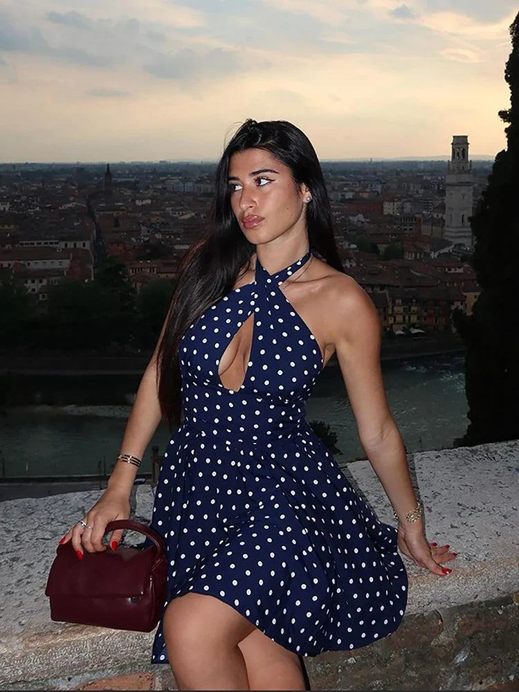 Polka dot halter neck cut-out mini dress