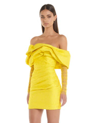 Off Shoulder Pleated Jacquard Yellow Mesh Long Sleeves Mini Dress 