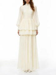 Stand collar lantern sleeve maxi dress front view