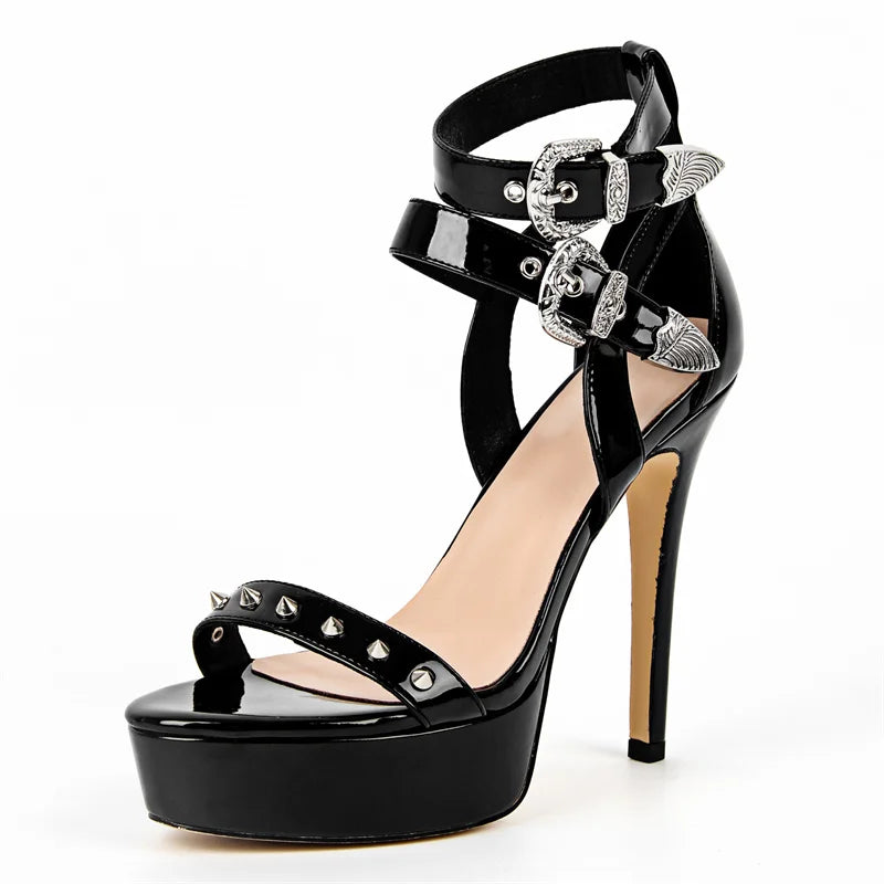Black high-heeled sandal with decorative straps and buckles on a white background