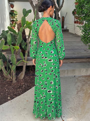 Green Abstract Print Deep Neck Dress